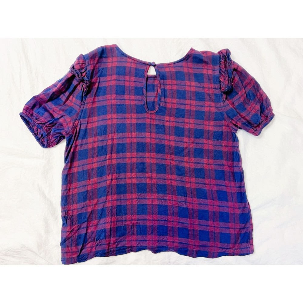 American Eagle Dark Academia Womens Plaid Short Ruffle Sleeve Blouse Size S